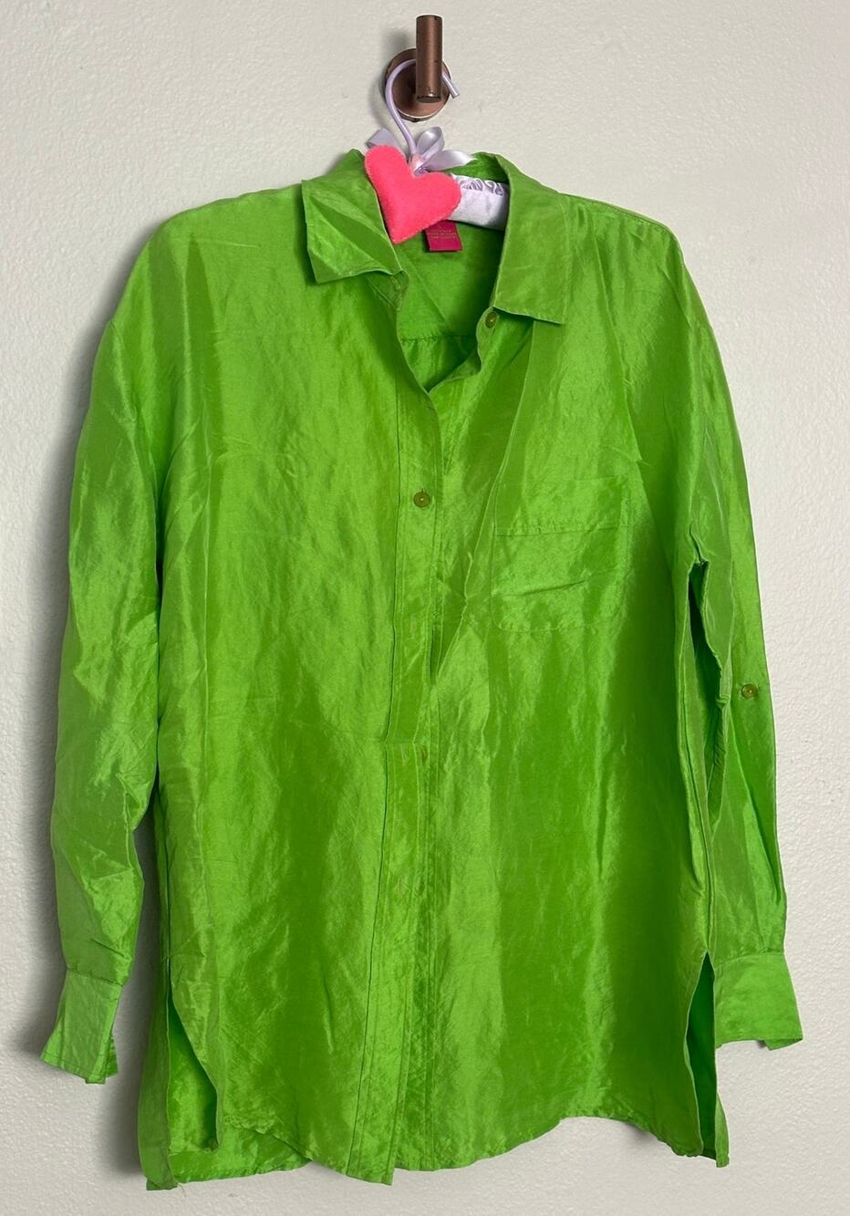 Vintage Sunny Leigh 100% Silk LRG Neon Lime Green Button-up Shirt Natural Fibers